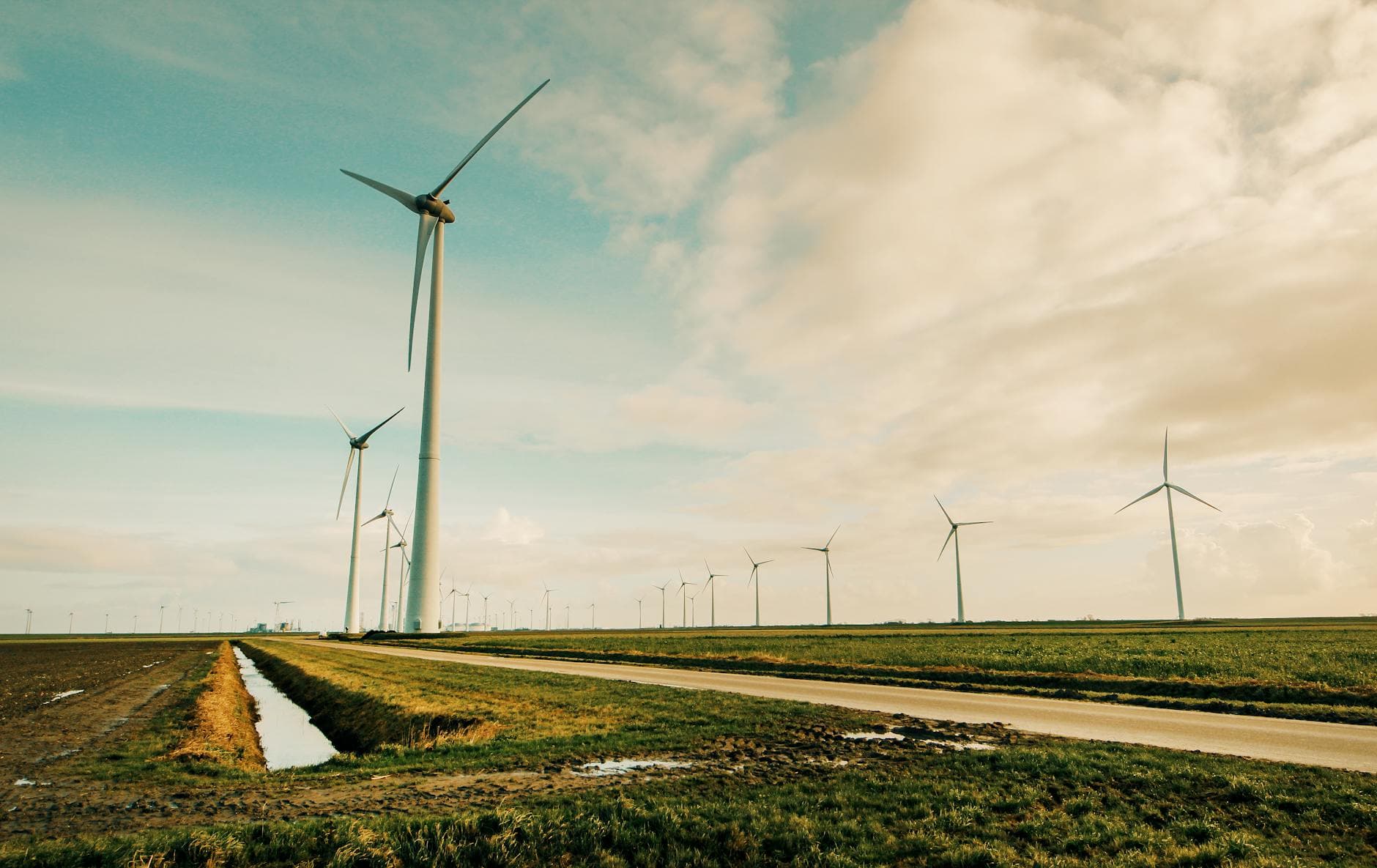 Wind turbines in a field, representing technology in agriculture.